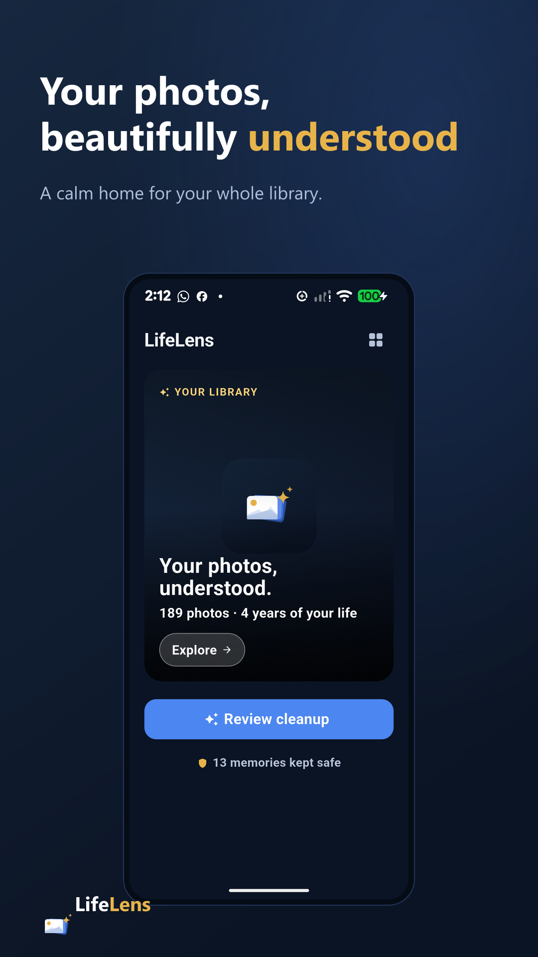 LifeLens home screen showing a private photo library