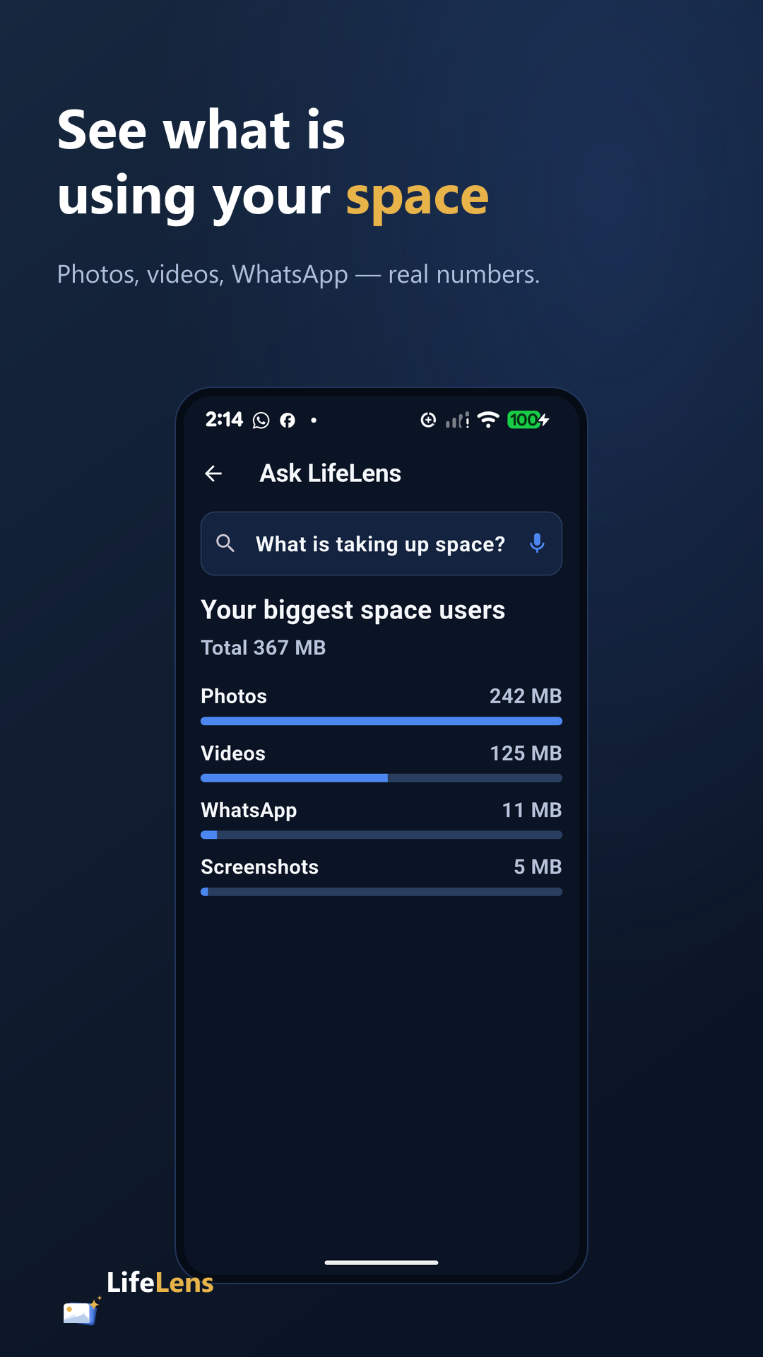 LifeLens showing storage analysis in plain language