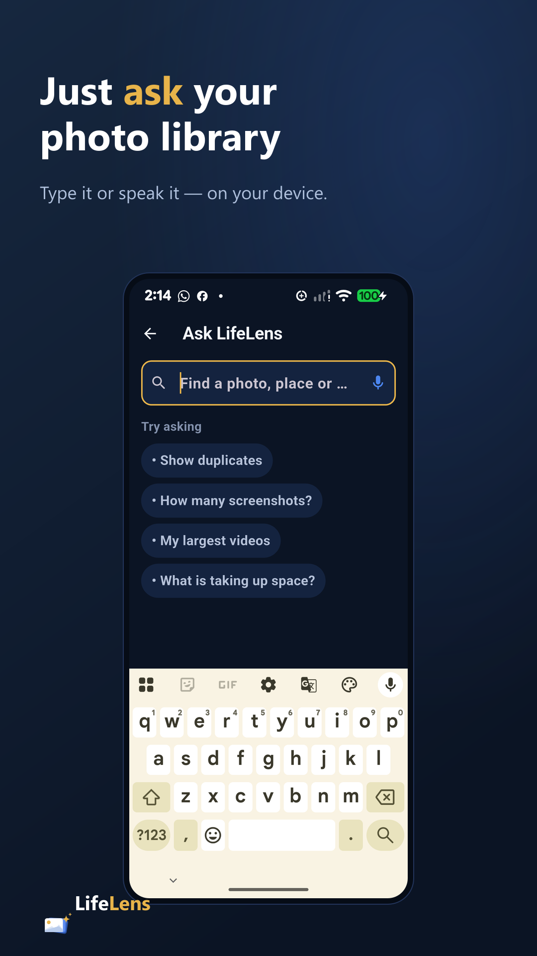 Ask LifeLens search with suggested photo library questions and voice input
